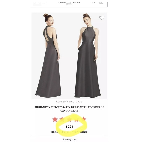 ALFRED SUNG Gown Halter Dress Caviar Gray Satin Twill Pockets Sz 8 NWT $248 D772 - Picture 12 of 13